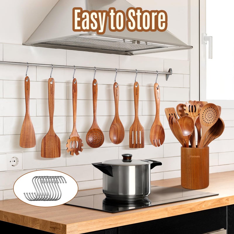Mooues Wooden Spoons for Cooking, 12PCS Teak Wooden Kitchen Utensil Set with Spoon Rest - Smooth Finish, Non-Stick, Comfortable Grip, Heat Resistant Cooking Utensils Set - Image 5