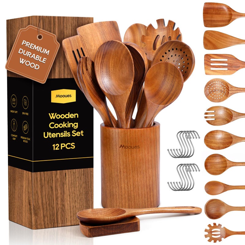 Mooues Wooden Spoons for Cooking, 12PCS Teak Wooden Kitchen Utensil Set with Spoon Rest - Smooth Finish, Non-Stick, Comfortable Grip, Heat Resistant Cooking Utensils Set - Image 1