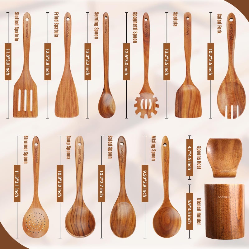 Mooues Wooden Spoons for Cooking, 12PCS Teak Wooden Kitchen Utensil Set with Spoon Rest - Smooth Finish, Non-Stick, Comfortable Grip, Heat Resistant Cooking Utensils Set - Image 2