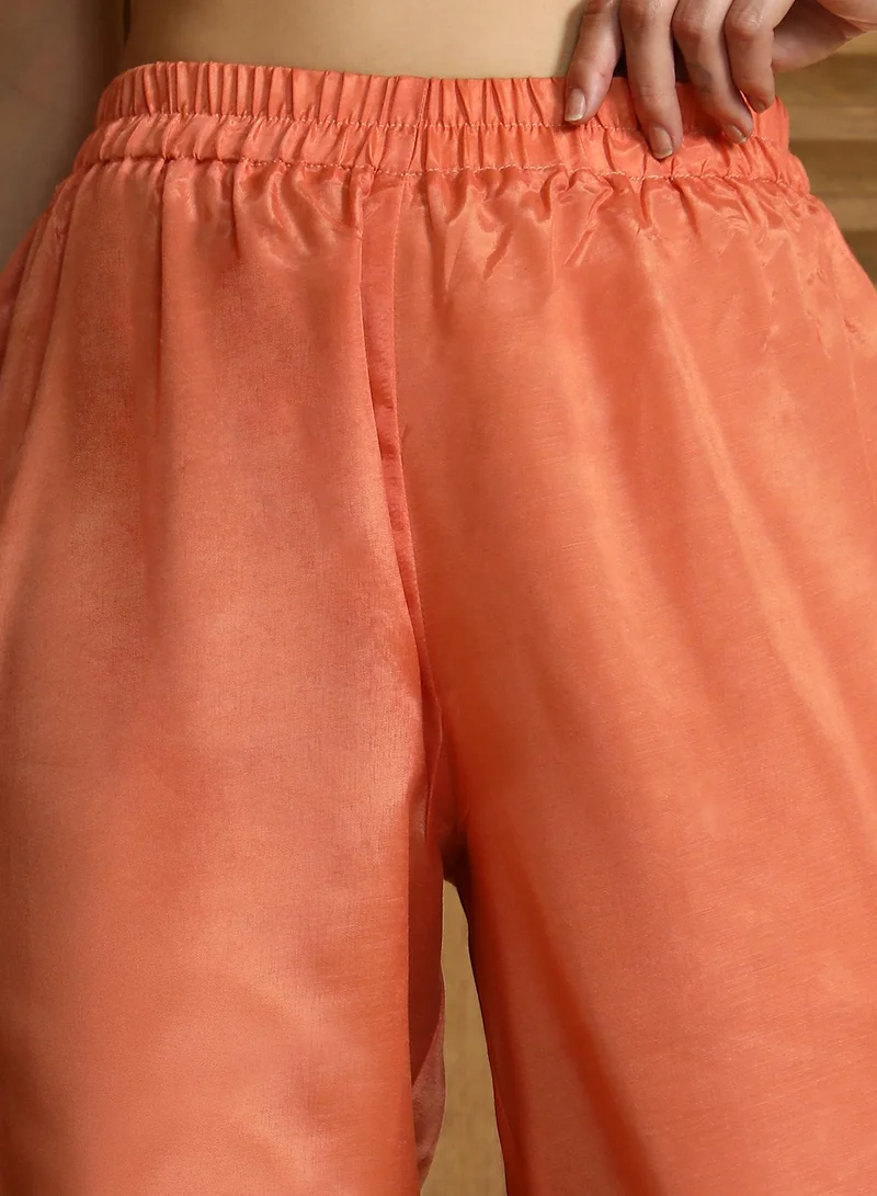 QISSA Qissa Women's Peach Orange Asymmetrical-Brushed Co-Ord Set For Casual Wear | One-Shoulder | Sleeveless | 2 Piece Kurta Set Designed With Comfort Fit For Everyday Ethnic Wear