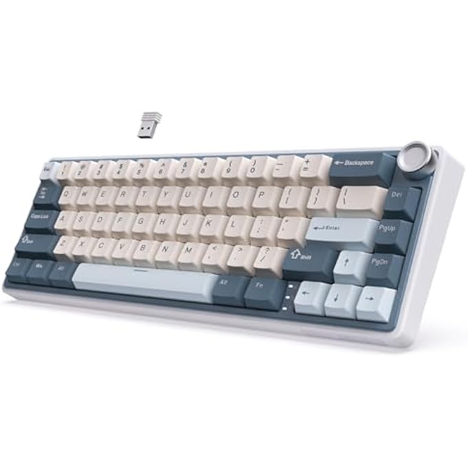 rayihni R65 WIRELESS MECHANICAL KEYBOARD WITH VOLUME KNOB, TRI-MODE 2.4G/USB-C/BT GASKET MOUNTED 60% GAMING KEYBOARD WITH 66KEYS, PBT KEYCAPS, QMK/VIA, HOT SWAPPABLE CREAM SWITCH, BLUE - Image 1