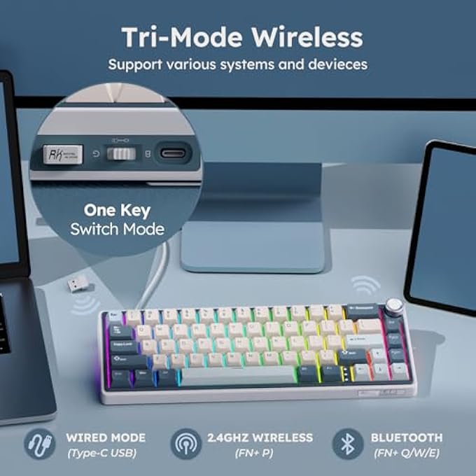 rayihni R65 WIRELESS MECHANICAL KEYBOARD WITH VOLUME KNOB, TRI-MODE 2.4G/USB-C/BT GASKET MOUNTED 60% GAMING KEYBOARD WITH 66KEYS, PBT KEYCAPS, QMK/VIA, HOT SWAPPABLE CREAM SWITCH, BLUE - Image 3
