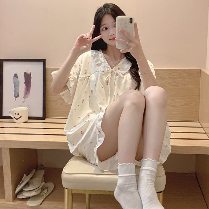 Summer Sweet Womens Pajama Set Woven Cloud Cotton Princess Style Short Sleeve Shorts Thin Homewear Suit V-neck Collar 9101-4#  - Image 1