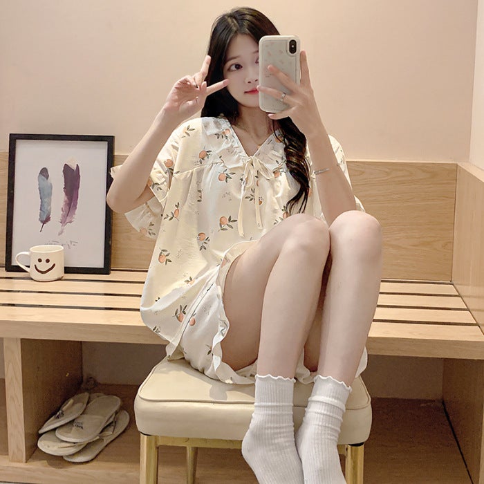 Summer Sweet Womens Pajama Set Woven Cloud Cotton Princess Style Short Sleeve Shorts Thin Homewear Suit V-neck Collar 9101-4#  - Image 2