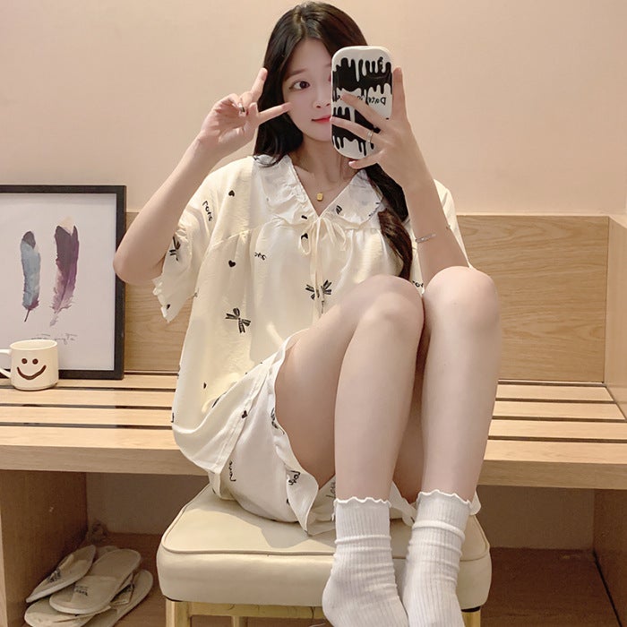 Summer Sweet Womens Pajama Set Woven Cloud Cotton Princess Style Short Sleeve Shorts Thin Homewear Suit V-neck Collar 9101-4#  - Image 3