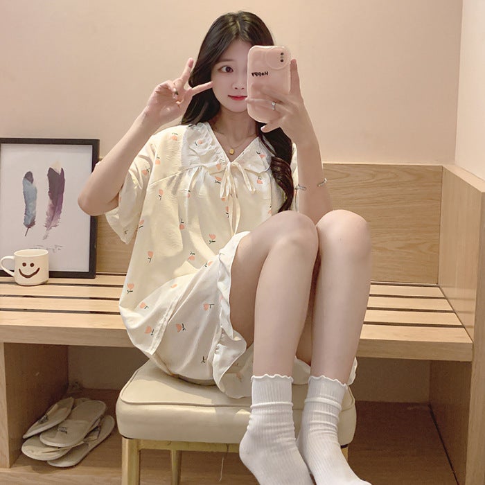 Summer Sweet Womens Pajama Set Woven Cloud Cotton Princess Style Short Sleeve Shorts Thin Homewear Suit V-neck Collar 9101-4#  - Image 4