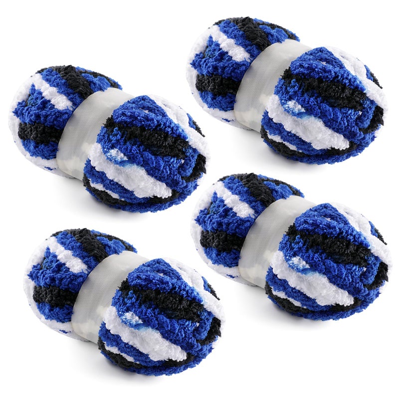 NDICANG 4 Pack Chunky Yarn for Hand Knitting - Chunky Chenille Blanket Yarn for Crocheting - Jumbo Fluffy Yarn for Crochet - Super Bulky Yarn 28.4 yds 7.7 oz Each Skein (Black White Blue) - Image 1