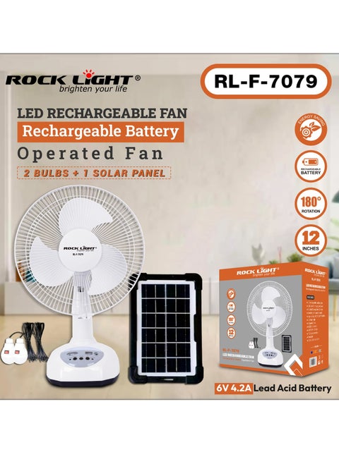 12-inch LED Rechargeable Fan RL-F-7079 with 3 Blades, LED Night Light, 180 Degree Rotation, USB for Chargin Phone, 2 Speed Choice, 2 Bulbs a Solar Panel