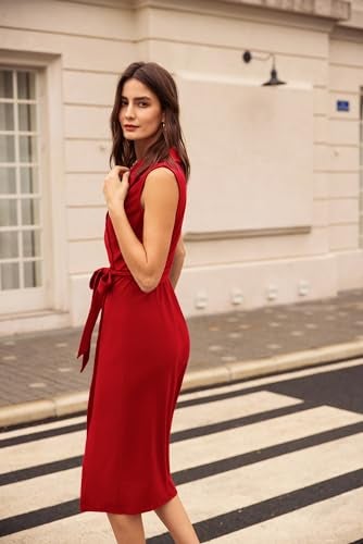 GRACE KARIN فستان عمل كلاسيكي بفتحة V للنساء من غريس كارين بدون أكمام مع حزام أحمر 12 - Image 5