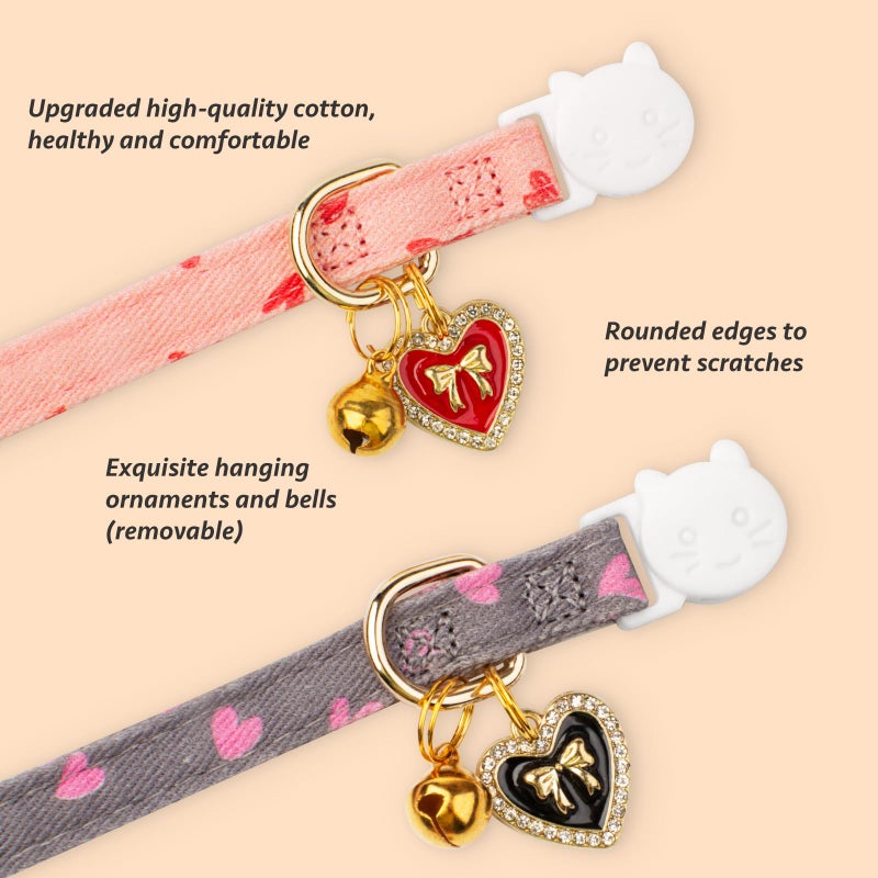 FYEQYAOU 2 Pack Cotton Breakaway Cat Collar Pink and Gray Heart Shaped Pendant Cute Kitten Cat Collar with Bell - Image 2