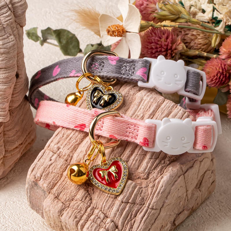 FYEQYAOU 2 Pack Cotton Breakaway Cat Collar Pink and Gray Heart Shaped Pendant Cute Kitten Cat Collar with Bell - Image 5