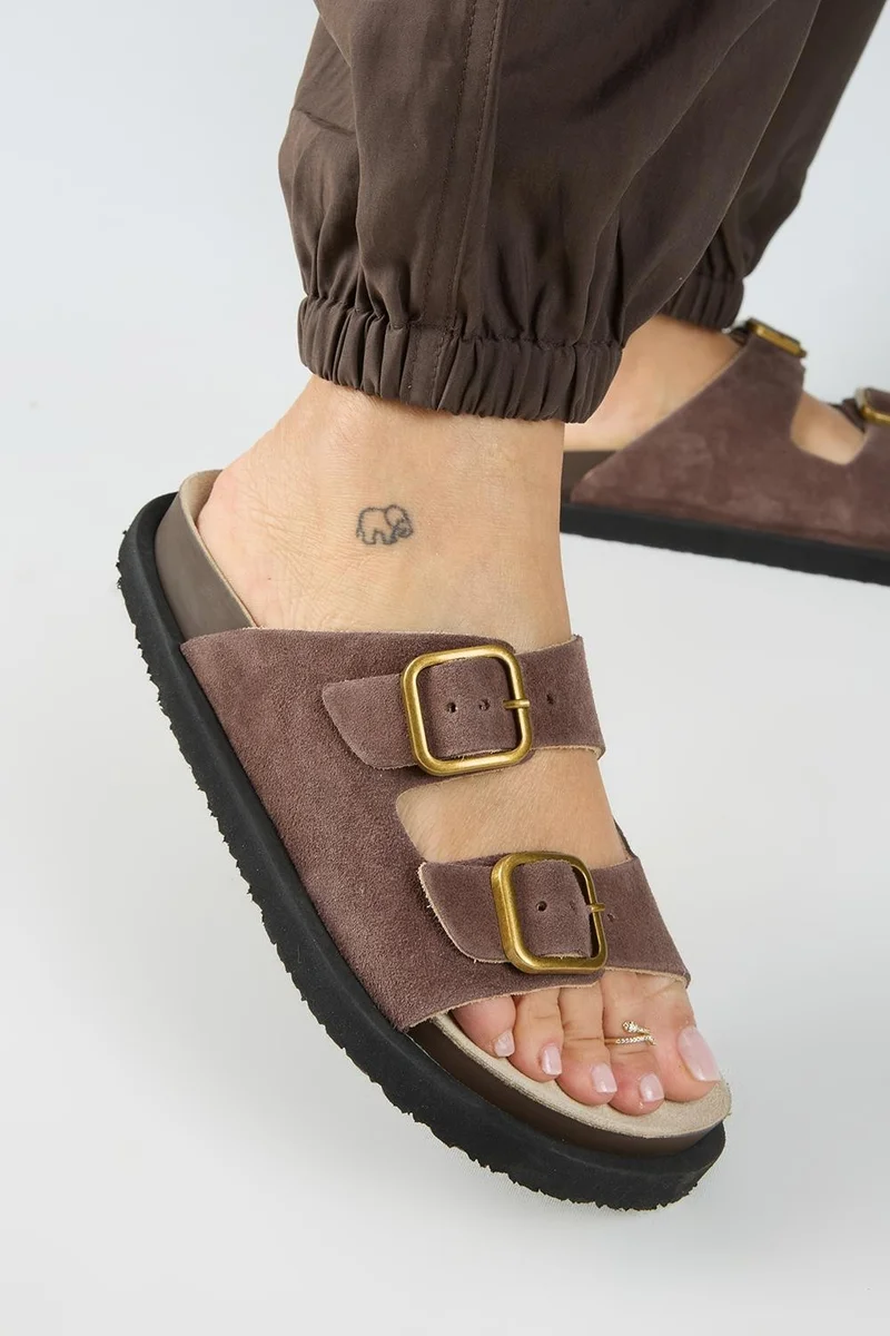 Manijero Manijero Sevalli Women's Genuine Leather Double Buckle Brown Slippers