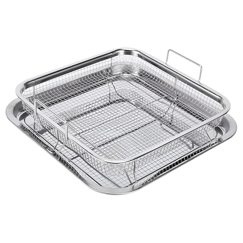 Kruvad 2Piece Air Fryer Basket for Oven Stainless Steel Crisping Basket Tray Set with Grease Tray Oven Crisper for French Fries Bacon Frozen Food Rectangle Tray Set Dishwasher Safe - Image 5