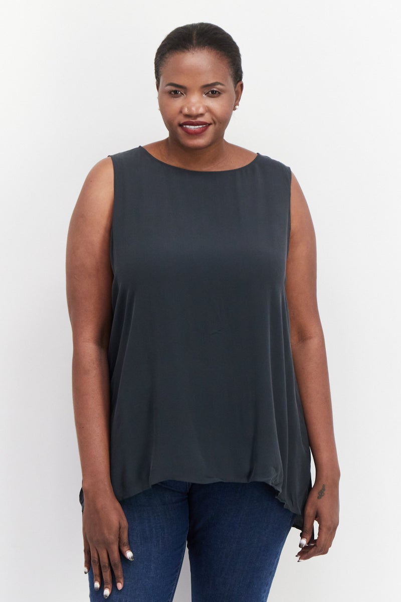 EILEEN FISHER Women Plus Size Boat Neck Sleeveless Solid Tank Top, Charcoal Grey  - Image 1