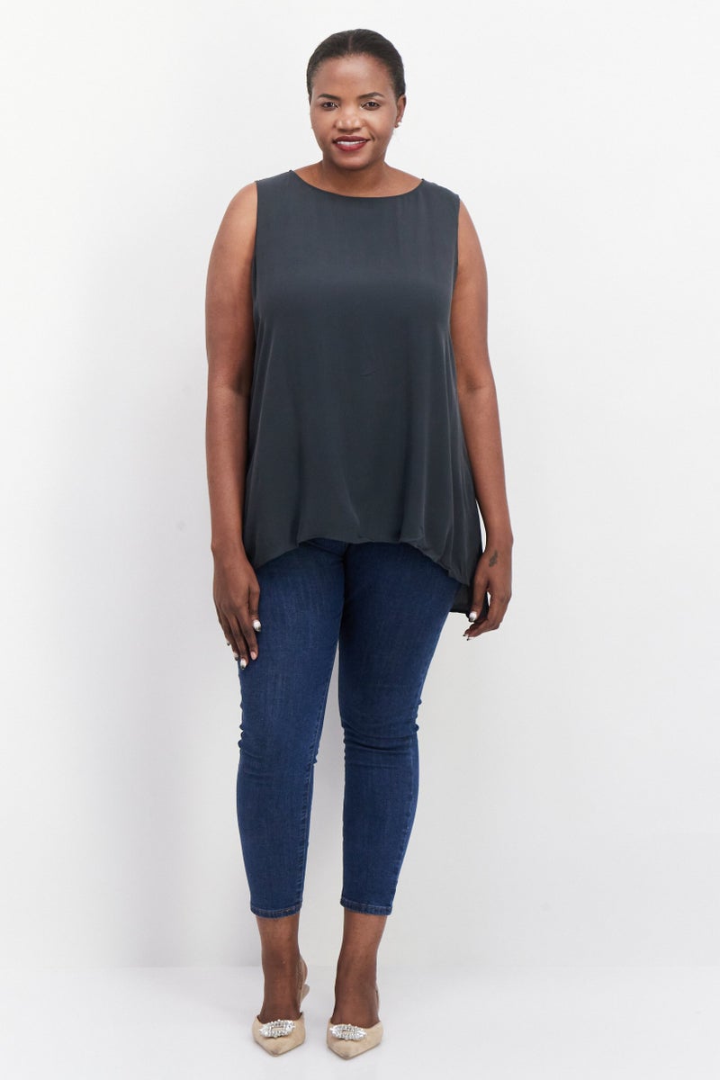 EILEEN FISHER Women Plus Size Boat Neck Sleeveless Solid Tank Top, Charcoal Grey  - Image 3