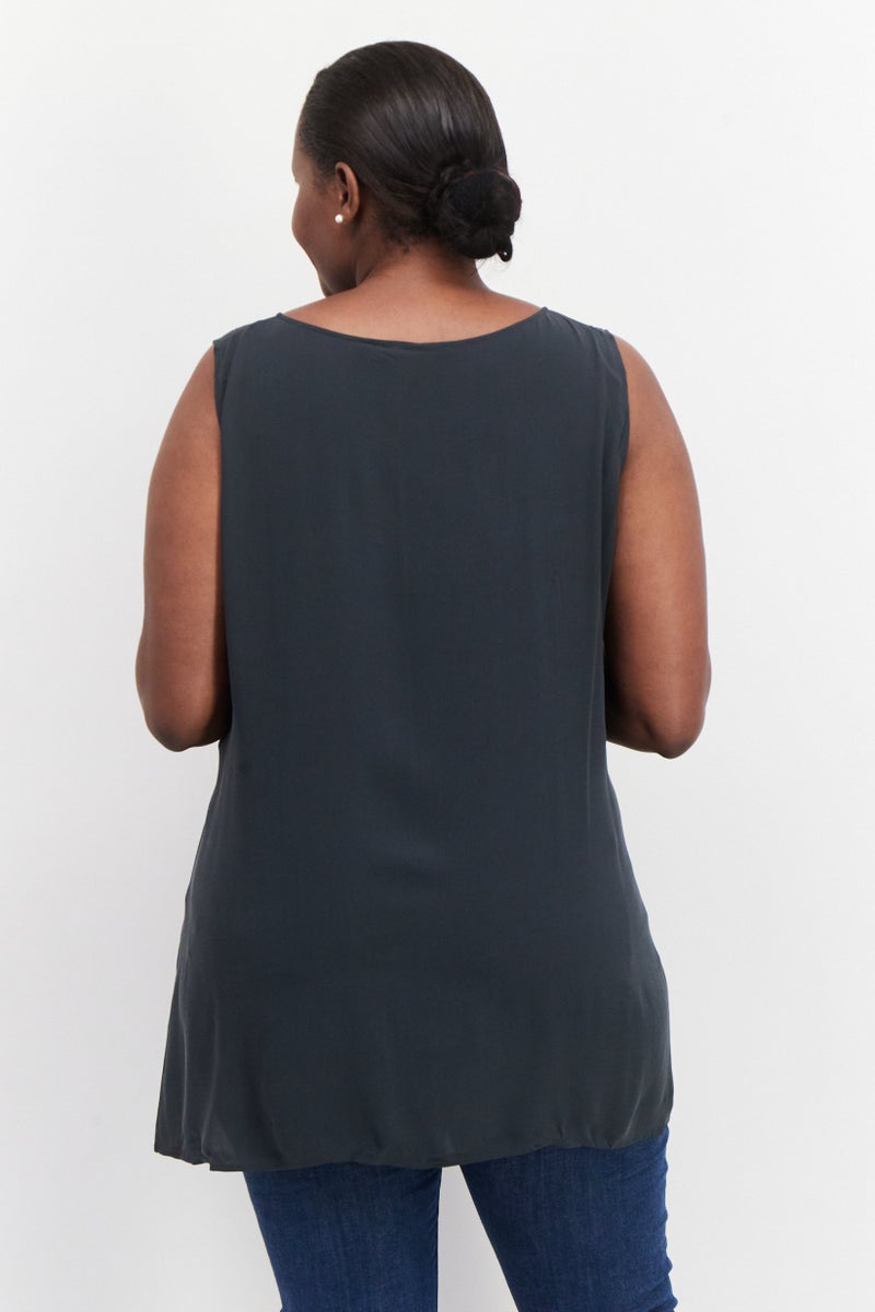EILEEN FISHER Women Plus Size Boat Neck Sleeveless Solid Tank Top, Charcoal Grey  - Image 2