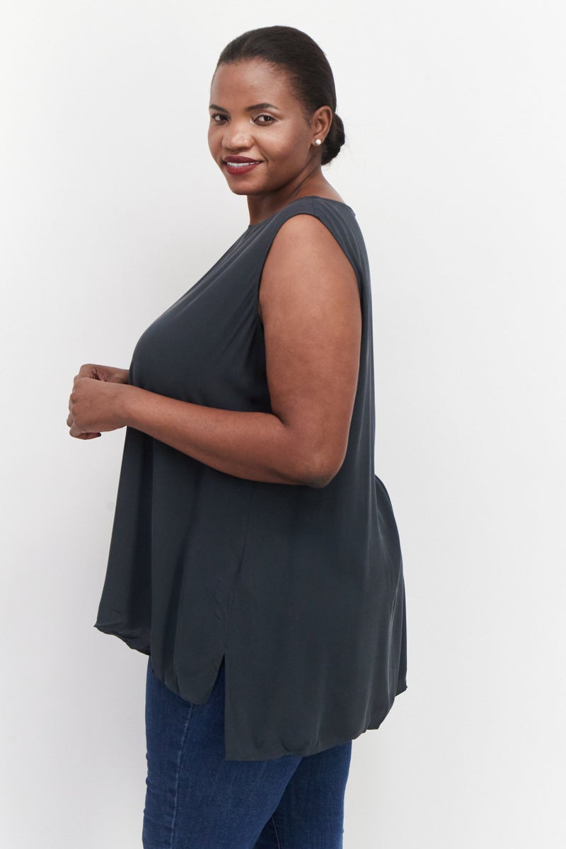 EILEEN FISHER Women Plus Size Boat Neck Sleeveless Solid Tank Top, Charcoal Grey  - Image 4
