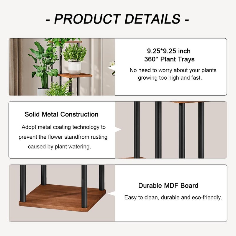 AZERPIAN Plant Stand 5 Tier Indoor Metal Flower Shelf for Multiple Plants Corner Tall Flower Holders for Patio Garden Living Room Balcony Bedroom, Walnut (5 Tier-Walnut) - Image 4