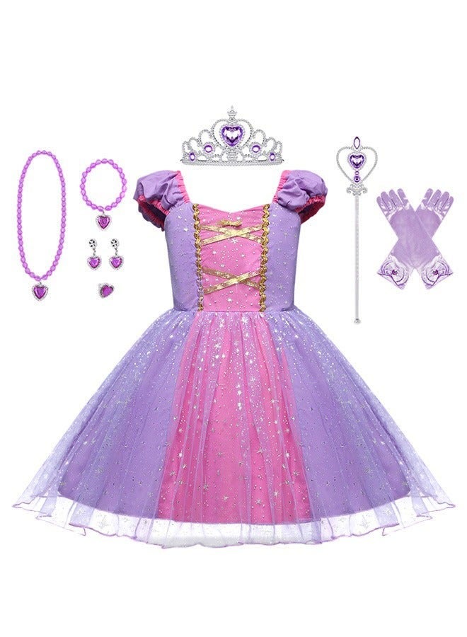 DURKU Stylish Princess Sofia Costume with 7 Accessories for Girls: Elegant Dress with Gold Filigree, Perfect for Parties, Birthdays, Stage Performances, Cosplay, and Special Occasions, Size: 120 cm - Image 1
