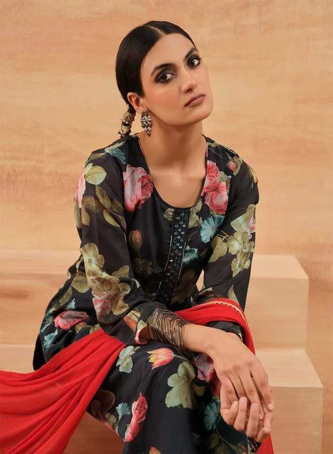 ISHIN Women's Black Chinon Printed Tunic Top With Ankle Palazzo Straight 3 Peice Kurta Set