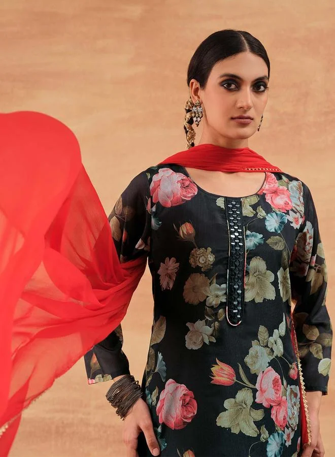 ISHIN Women's Black Chinon Printed Tunic Top With Ankle Palazzo Straight 3 Peice Kurta Set