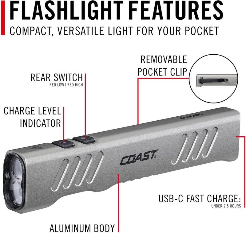Coast Slayer RED 1000 Lumen USBC Rechargeable LED Flashlight with Red Mode SpotFlood Memory Mode and Pocket Clip - Image 3