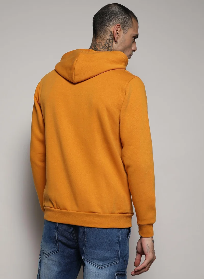 Campus Sutra  Men's Mustard Yellow Zip-Front Hoodie With Contrast Drawstring for Men | Best Price UAE
