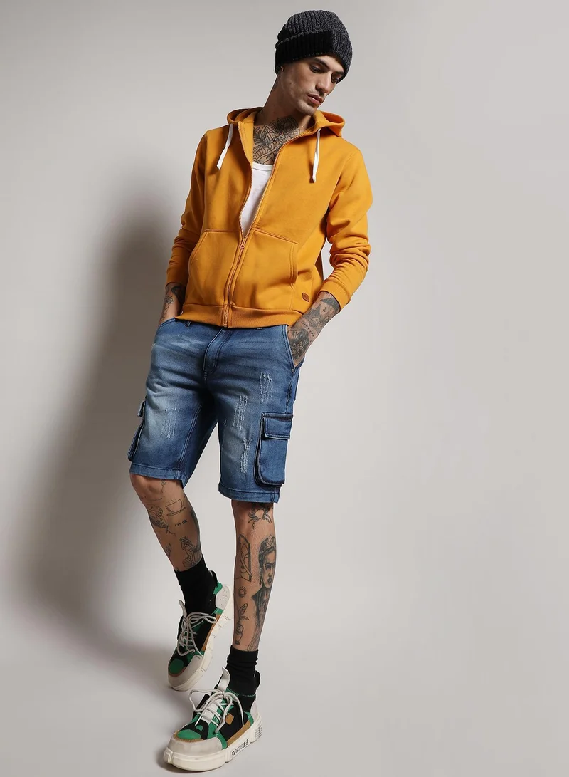 Campus Sutra  Men's Mustard Yellow Zip-Front Hoodie With Contrast Drawstring for Men | Best Price UAE