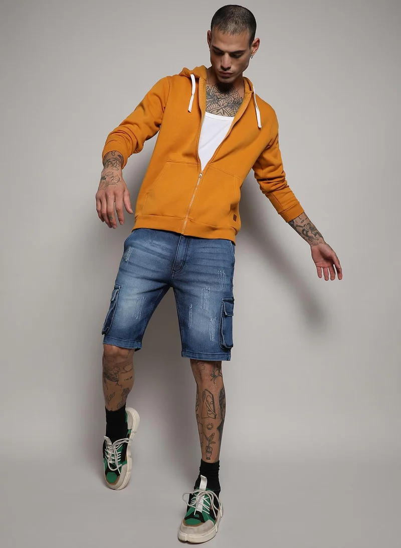 Campus Sutra  Men's Mustard Yellow Zip-Front Hoodie With Contrast Drawstring for Men | Best Price UAE