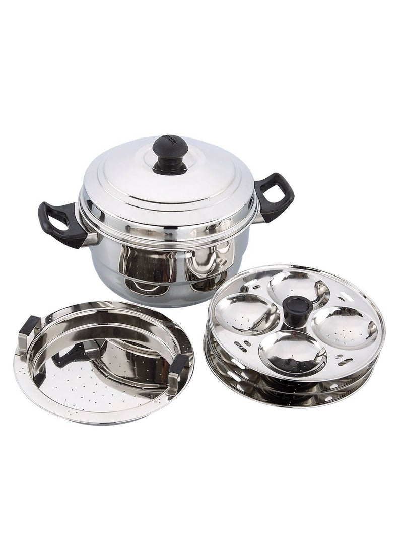 Expresso Expresso Stainless Steel Induction Base Standard Idly Cooker Patra with Plain Bottom - 3 Plates, 12 Idlis and 1 Steamer 