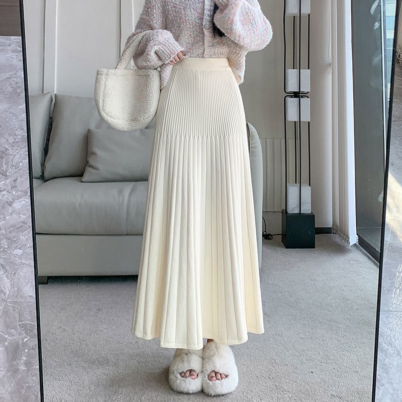Knitted Pleated Skirt Womens Autumn and Winter 2025 New Elasto High Waist Slim-fit A- line Hip Fishtail Long Dress Off-white [counter quality]