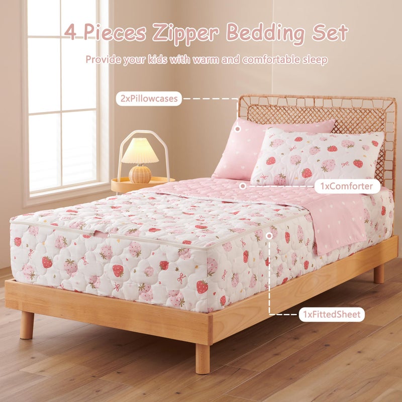 Nayoroom Strawberry Sweet Dreams Twin Zipper Bedding Set for Kids, Pink White Comforter with All-in-One Zipper Design, Cute Berry Bedding for Girls & Boys. (Twin Size) - Image 4
