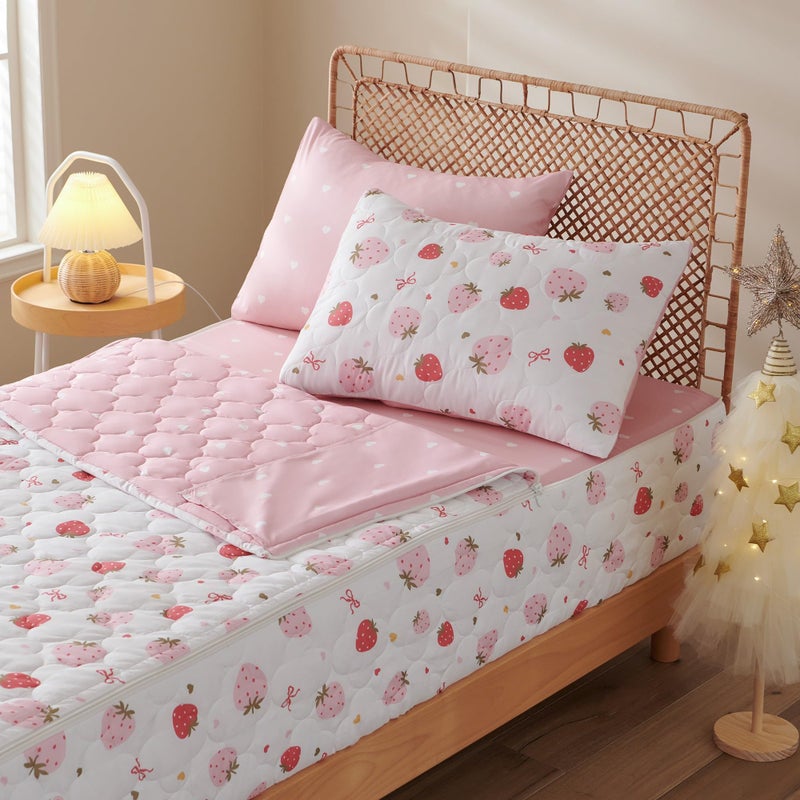 Nayoroom Strawberry Sweet Dreams Twin Zipper Bedding Set for Kids, Pink White Comforter with All-in-One Zipper Design, Cute Berry Bedding for Girls & Boys. (Twin Size) - Image 1