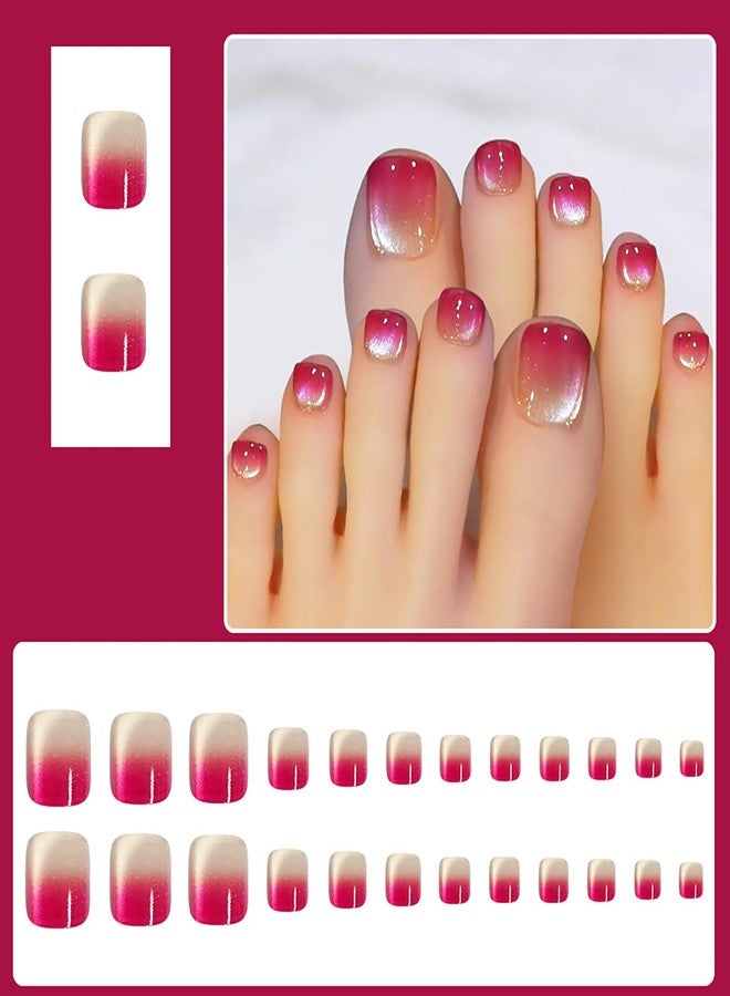 KKUUOO 24Pcs Spring Summer Press on Toenails,Short Square Fake Toenails with French Glitter Designs Rose Pink Gradient False Toenails Full Cover Acrylic Glossy Stick on Toes Nails for Women Girls - Image 2