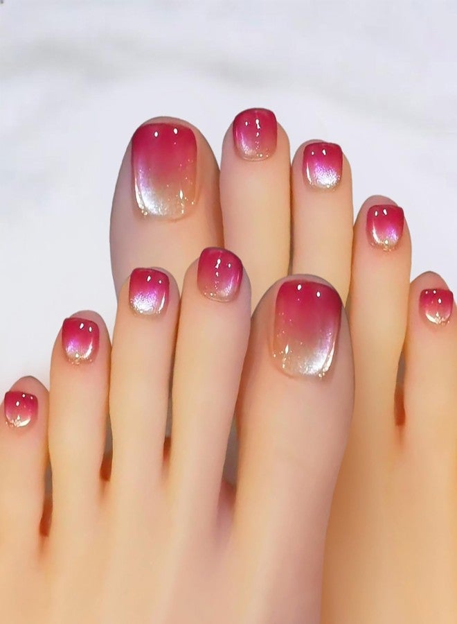 KKUUOO 24Pcs Spring Summer Press on Toenails,Short Square Fake Toenails with French Glitter Designs Rose Pink Gradient False Toenails Full Cover Acrylic Glossy Stick on Toes Nails for Women Girls - Image 1