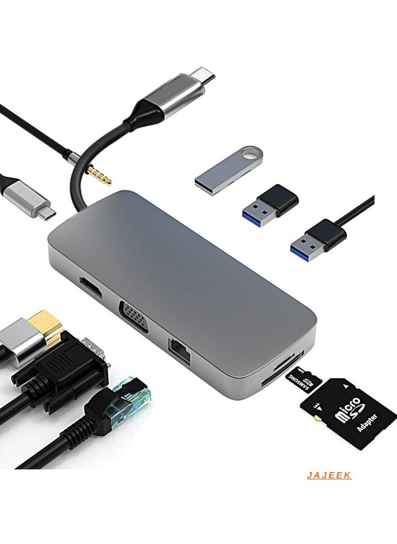 JAJEEK 10-in-1 USB C HUB to HDMI 4K Adapter with VGA, 100W PD Charging, USB 3.0/2.0, Gigabit Ethernet, SD/TF Card Reader, 3.5mm Audio, Type-C Docking Station for MacBook & More - Image 1
