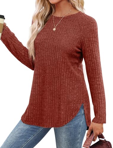 Saloogoe Tunics or Tops to Wear with Leggings Comfy Soft Sweaters Long SLeeve Shirts Layering Tops for Women Caramel 2XL - Image 2