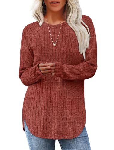 Saloogoe Tunics or Tops to Wear with Leggings Comfy Soft Sweaters Long SLeeve Shirts Layering Tops for Women Caramel 2XL - Image 1