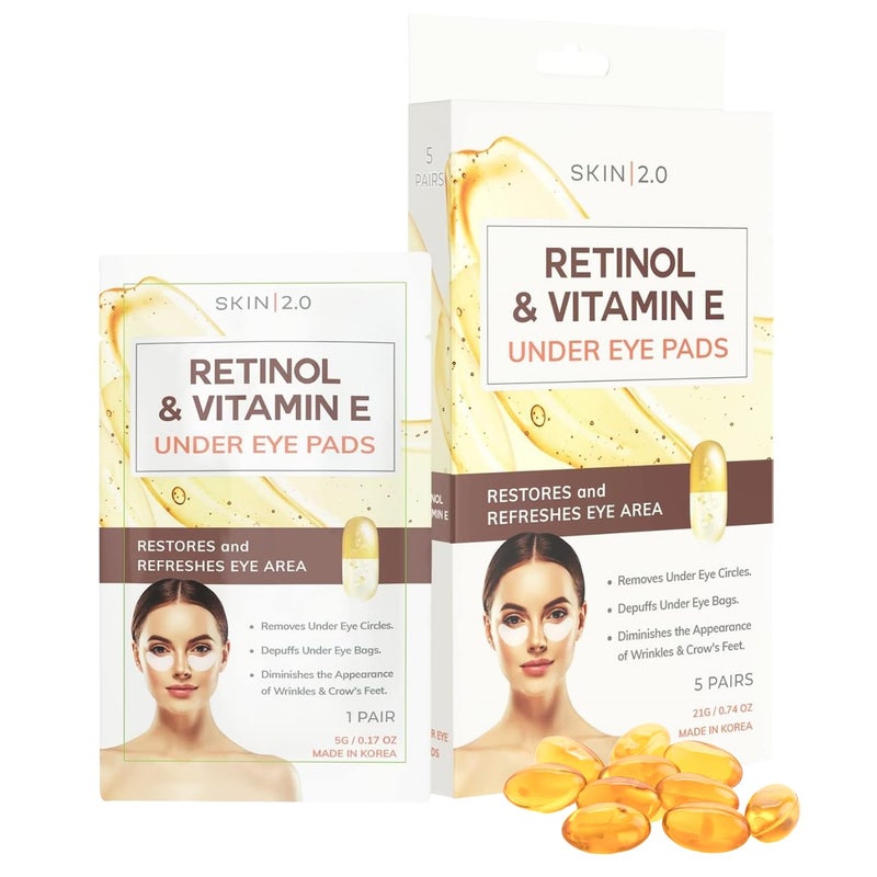 Skin 2.0 Retinol & Vitamin E Under Eye Patches - Dermatologist Tested - Anti-Aging - Depuffing, Reduce Fine Lines & Wrinkles, Dark Circles - Natural Ingredients - Korean Skin Care - All Skin Types - 5 Pairs