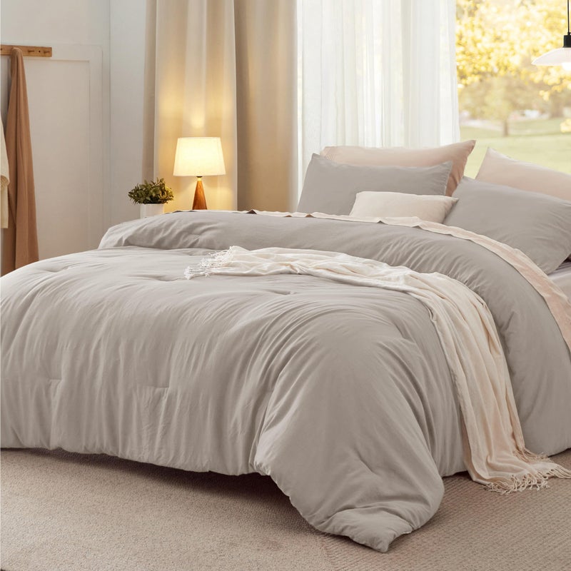 Bedsure Queen Size Comforter Set Linen Soft Prewashed Bedding for All Seasons 3 Pieces GentleSoft Warm Down Alternative Bed Set 1 Lightweight Comforter 90x90 and 2 Pillowcases 20x26