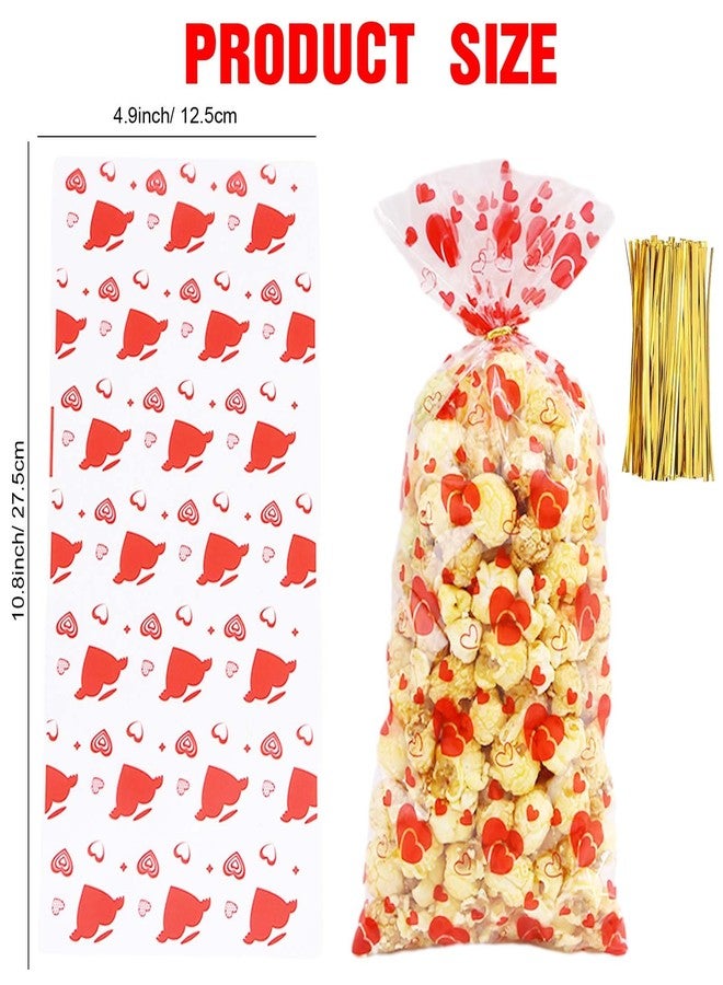 Qpout 100 Pieces Valentines Party Treat Bags Mixed Heart Print Cellophane Goodie Bags with Gold Twist Ties for Sweet Candy Gifts and Valentine's Day Decorations. - Image 2