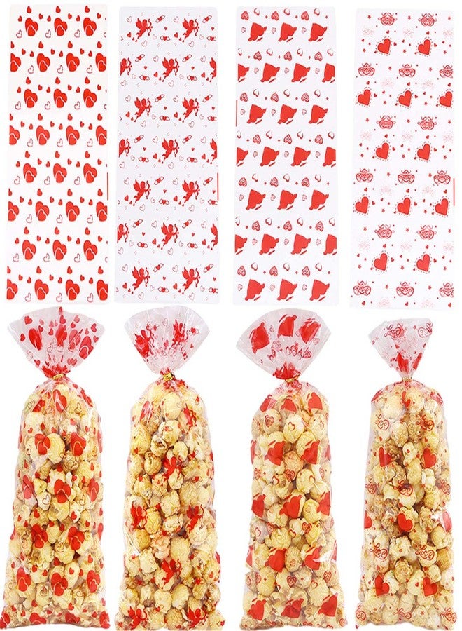 Qpout 100 Pieces Valentines Party Treat Bags Mixed Heart Print Cellophane Goodie Bags with Gold Twist Ties for Sweet Candy Gifts and Valentine's Day Decorations. - Image 1