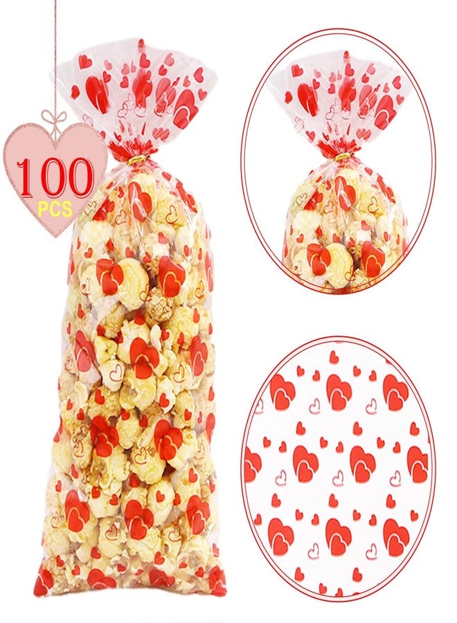 Qpout 100 Pieces Valentines Party Treat Bags Mixed Heart Print Cellophane Goodie Bags with Gold Twist Ties for Sweet Candy Gifts and Valentine's Day Decorations. - Image 3