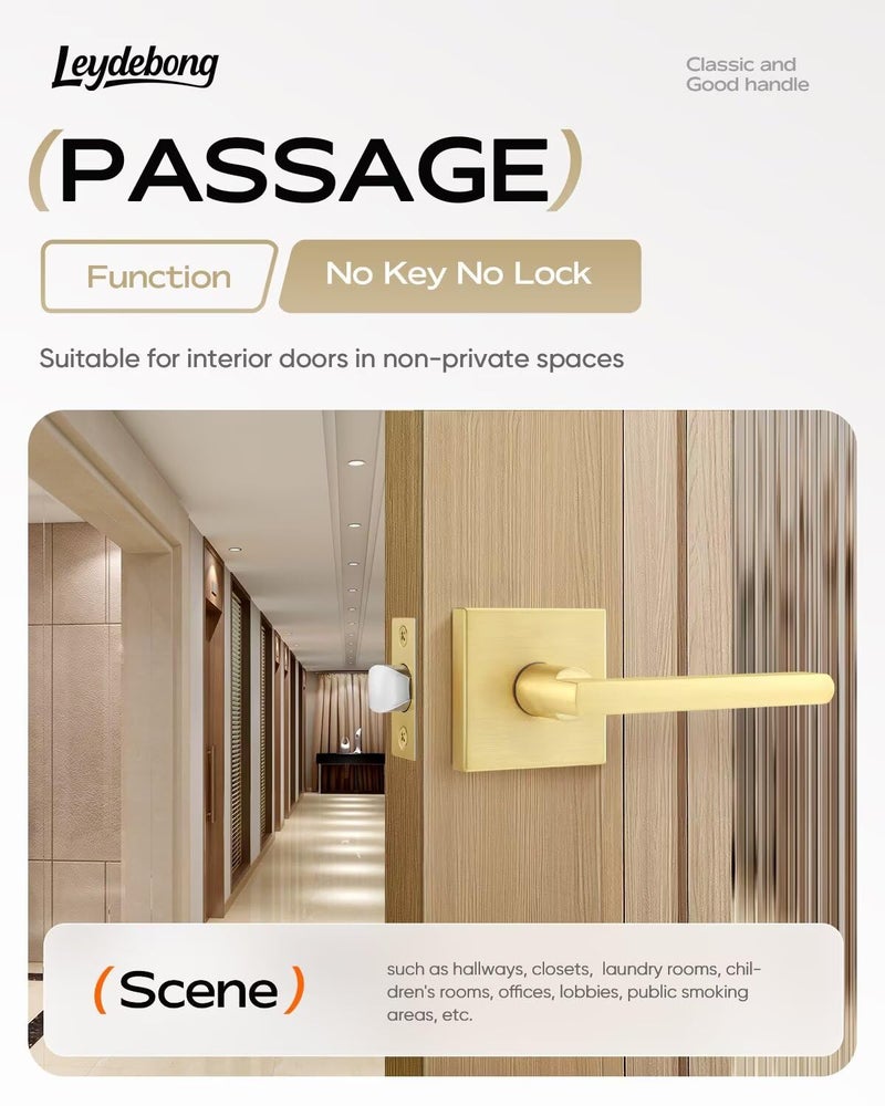 Leydebong 1 Pack Passage Lever Door Handle [Non-Locking Lever Set] for Hallway Doors or Closets with a Satin Brass Finish, Reversible for Right & Left Side - Image 2