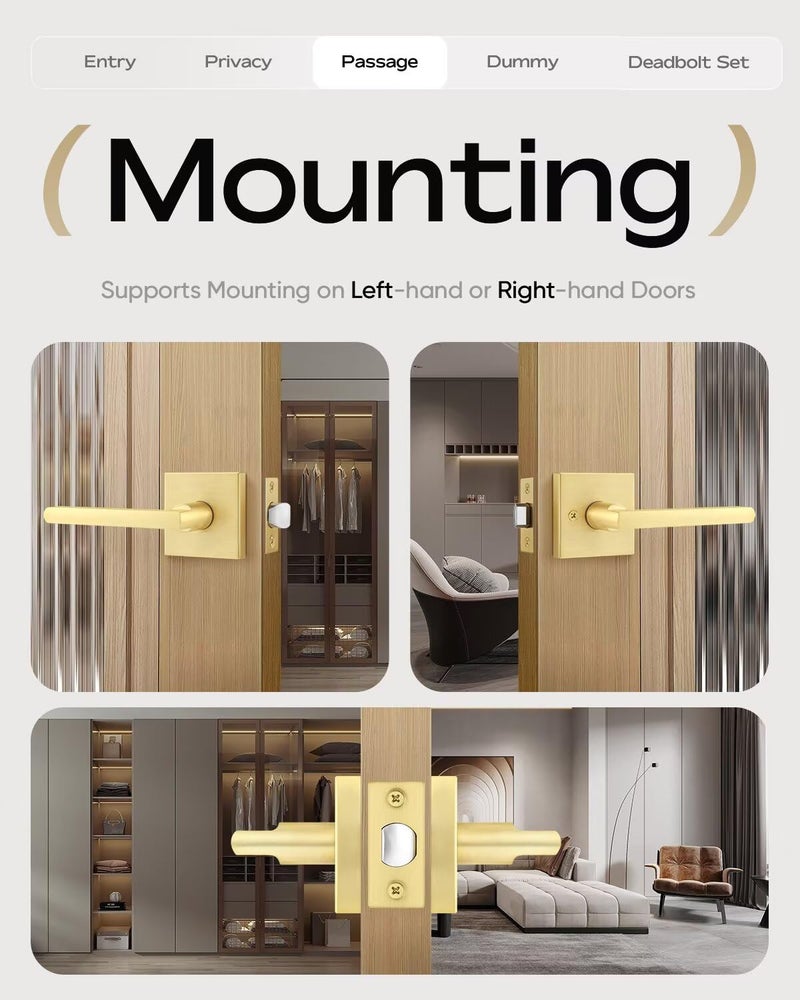 Leydebong 1 Pack Passage Lever Door Handle [Non-Locking Lever Set] for Hallway Doors or Closets with a Satin Brass Finish, Reversible for Right & Left Side - Image 4