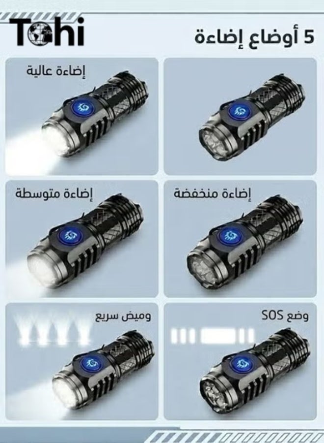 تو مصباح يدوي صغير بتقنية LED قابل لإعادة الشحن، مصباح قوي بقوة قصوى تصل إلى 20000 لومن و5 أوضاع للإضاءة مع مشبك؛ مثالي للاستخدام اليومي (EDC)، والتخييم، والمشي لمسافات طويلة، وحالات الطوارئ. - Image 4