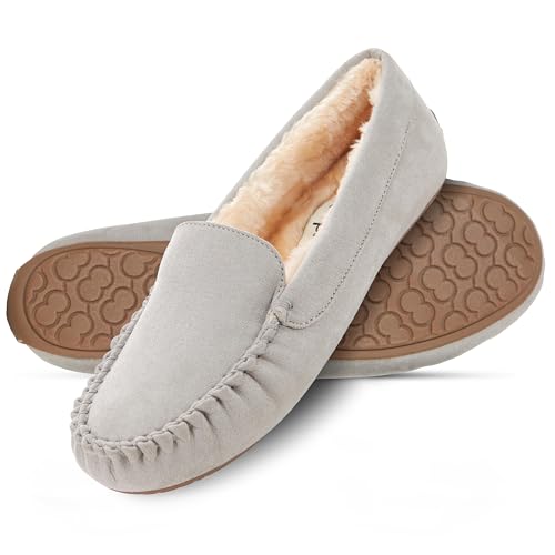 Floopi Women Slippers Moccasins, Soft Faux Fur Lining with Cozy Memory Foam, Ladies House Slippers for Women with Indoor & Outdoor Anti-Skid Sole (11 - Grey) - Image 1
