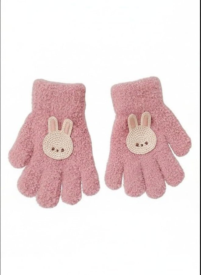 EvoNest Kids Woollen Gloves with Bunny Patch Design, Pink, Age 1-3 Years - Image 1