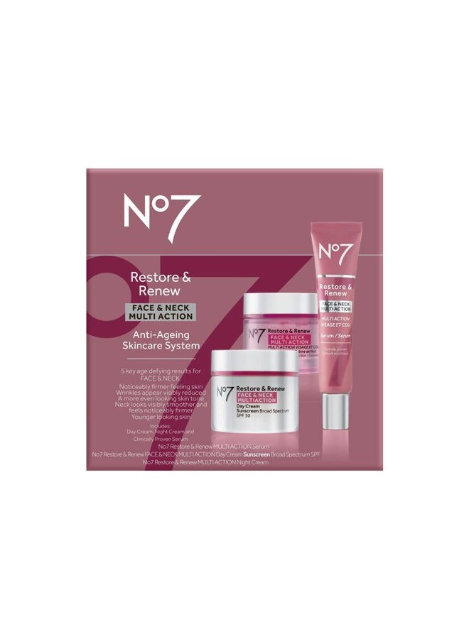 No7 Restore & Renew Face & Neck Multi Action Skincare System - SPF 30 Day Cream with Vitamin C & Collagen Peptides + Anti Aging Facial Serum + Hyaluronic Acid Hydrating Night Cream (3 Piece Kit) - Image 2