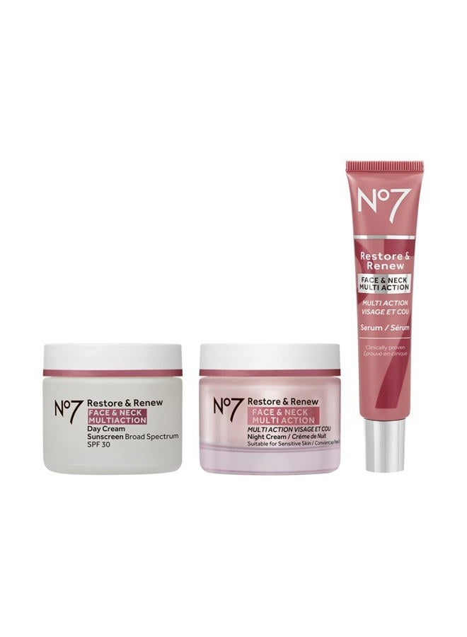 No7 Restore & Renew Face & Neck Multi Action Skincare System - SPF 30 Day Cream with Vitamin C & Collagen Peptides + Anti Aging Facial Serum + Hyaluronic Acid Hydrating Night Cream (3 Piece Kit) - Image 1